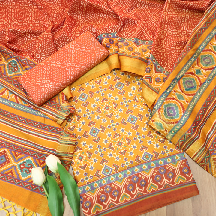 Bahana Dijon Yellow All Over Patola Shadow Printed Work Muslin Set