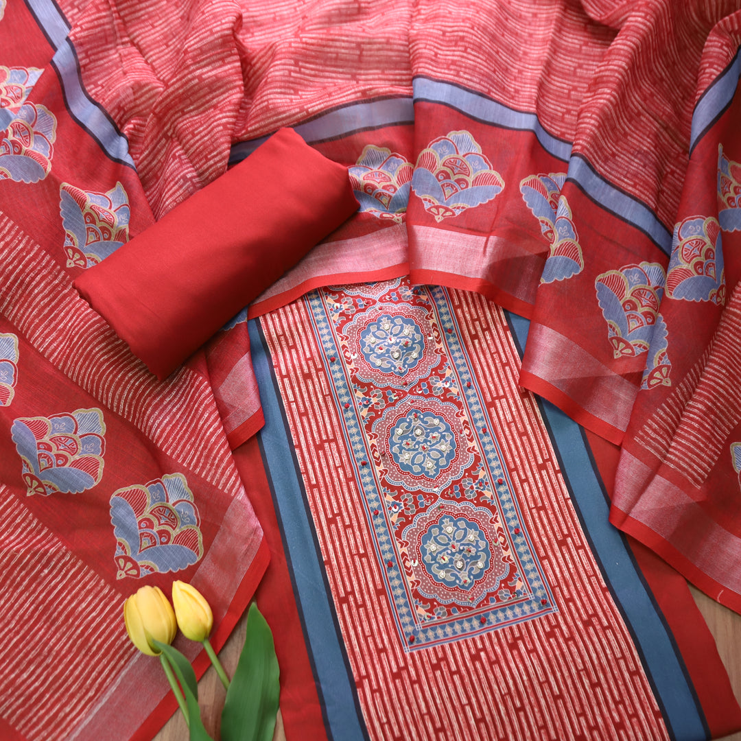 Gautami Berry Red Ajrak Printed with Moti Work Jam Cotton Set