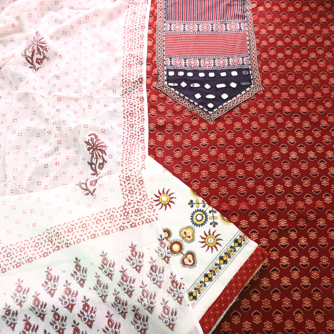 Madhvi Maroon Red Mirror Work Yoke Ajrakh Cotton Set