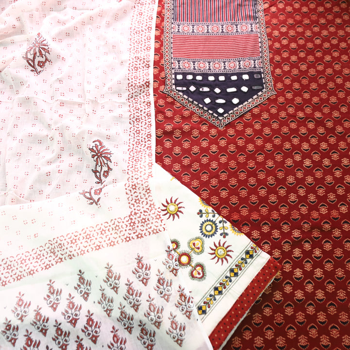 Madhvi Maroon Red Mirror Work Yoke Ajrakh Cotton Set
