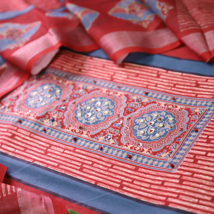 Gautami Berry Red Ajrak Printed with Moti Work Jam Cotton Set