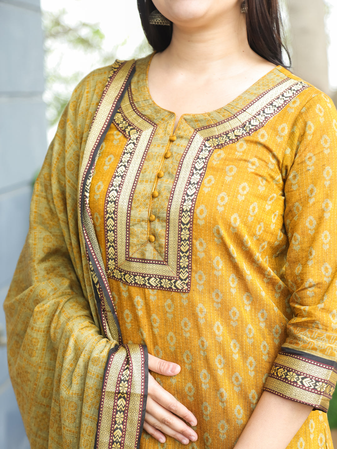 Laadli Yellow Potli Button Mangalgiri Patch Kantha Printed South Cotton 3 Piece Set