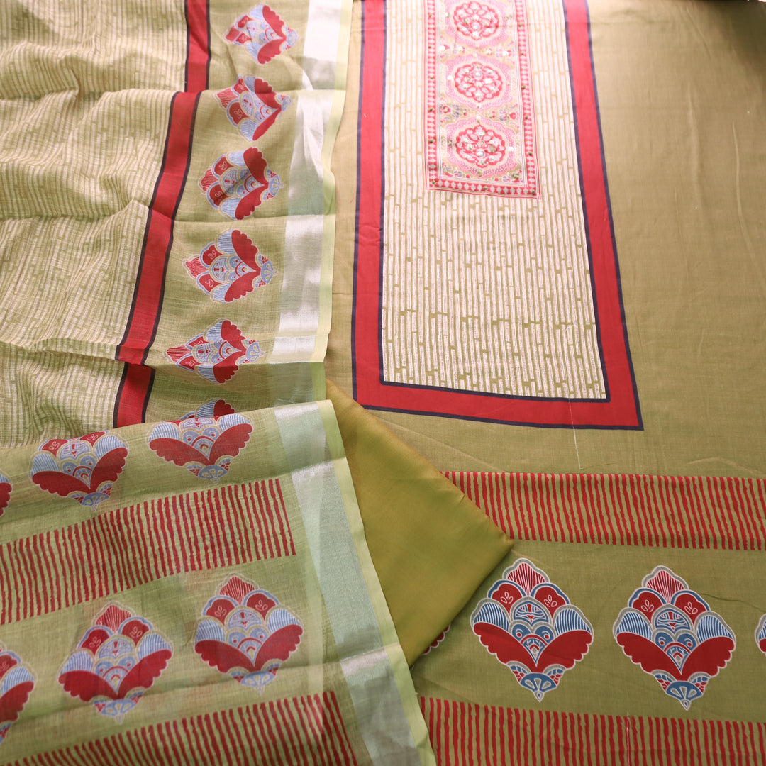Gautami Fern Green Ajrak Printed with Moti Work Jam Cotton Set