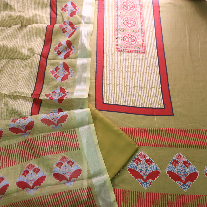 Gautami Fern Green Ajrak Printed with Moti Work Jam Cotton Set