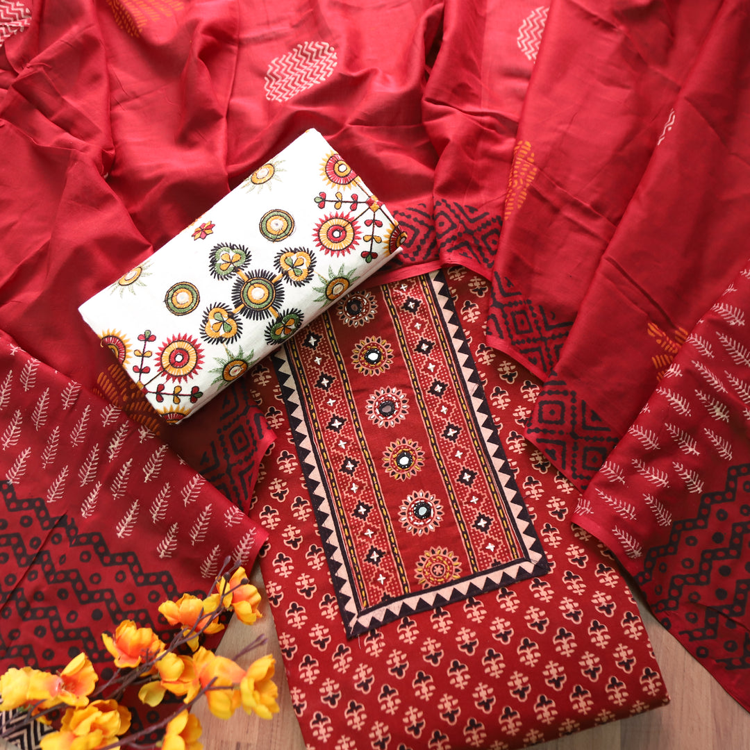 Khushi Barn Red Kutch Patch Work Ajrakh Print Cotton Set