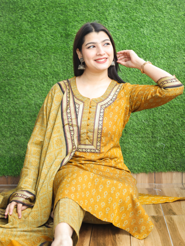Laadli Yellow Potli Button Mangalgiri Patch Kantha Printed South Cotton 3 Piece Set