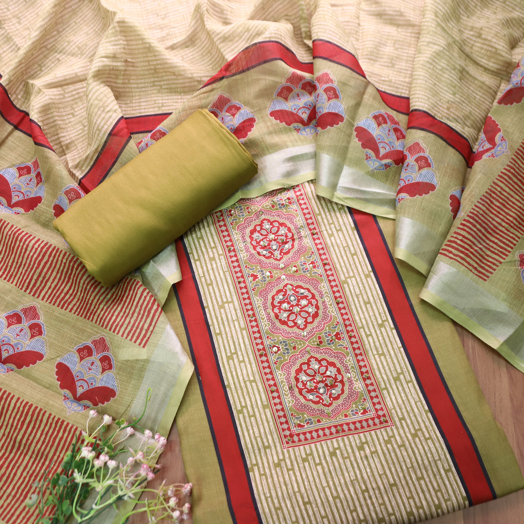 Gautami Fern Green Ajrak Printed with Moti Work Jam Cotton Set