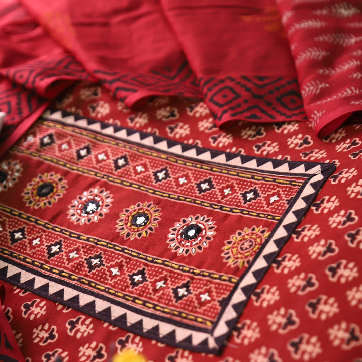 Khushi Barn Red Kutch Patch Work Ajrakh Print Cotton Set