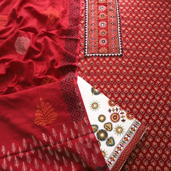 Khushi Barn Red Kutch Patch Work Ajrakh Print Cotton Set