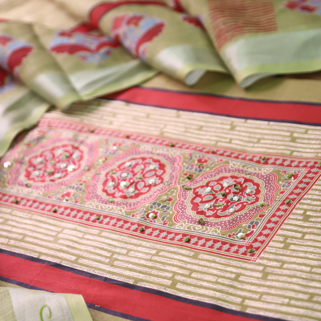 Gautami Fern Green Ajrak Printed with Moti Work Jam Cotton Set