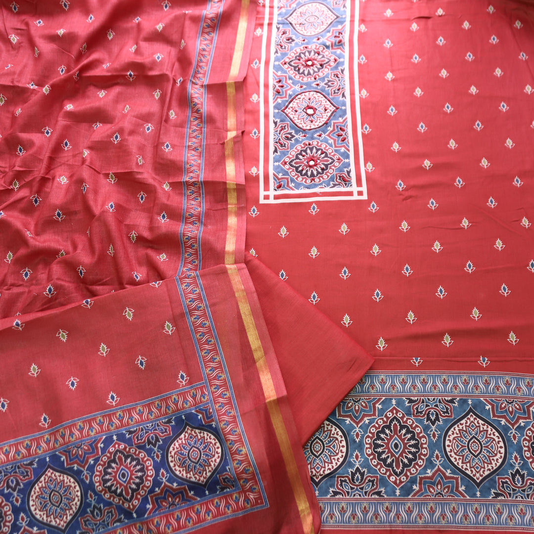 Riyanshi Cherry Red Ajrak Printed Neck and Hem Jam Cotton Set