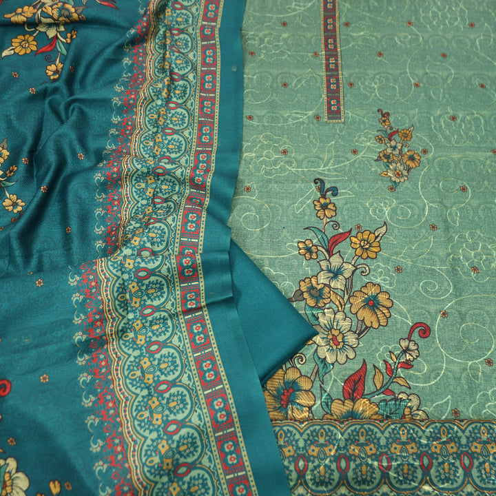 गुलकंद Aqua Ocean Floral Print Hemline with Thread Weaved Semi Pashmina Winter Set