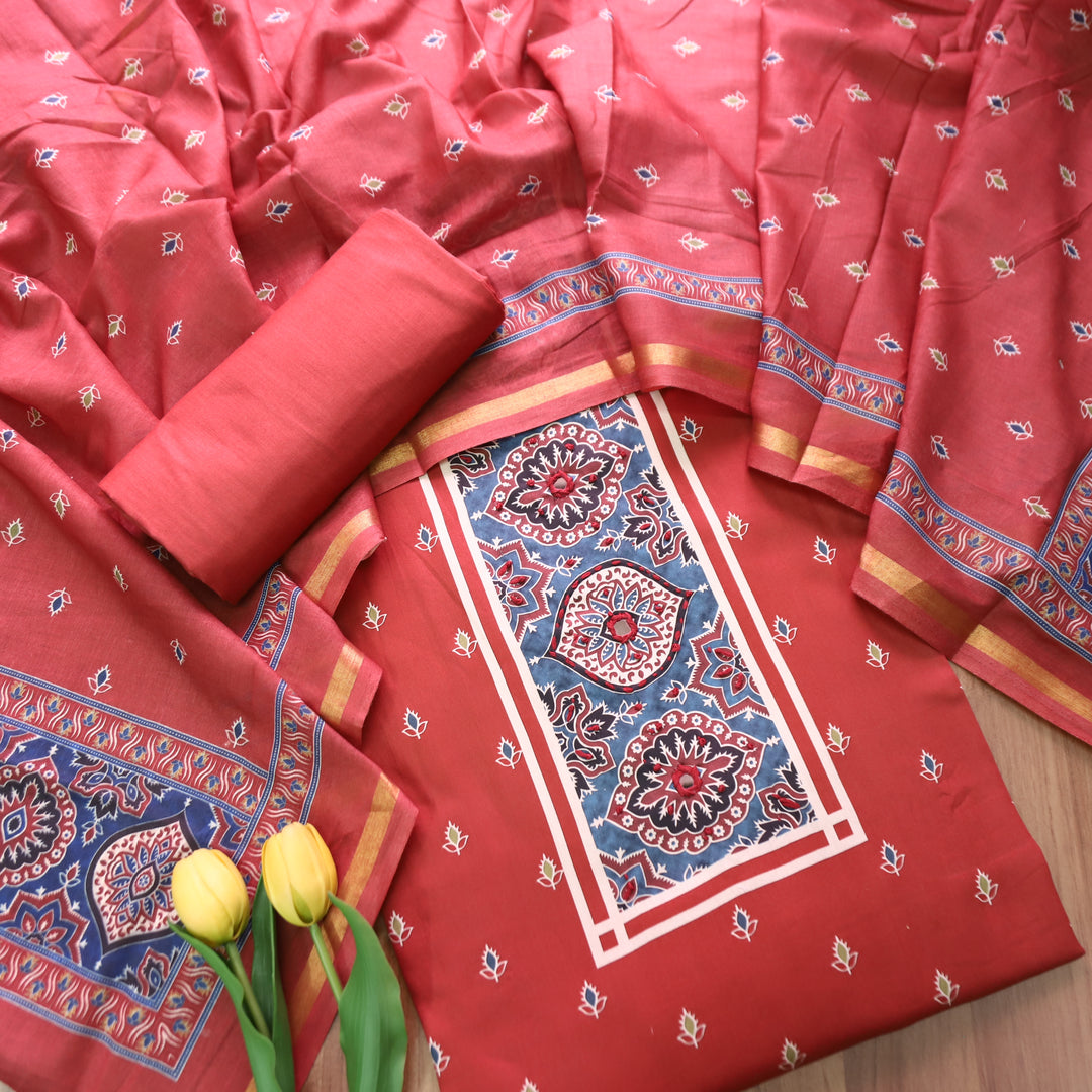 Riyanshi Cherry Red Ajrak Printed Neck and Hem Jam Cotton Set