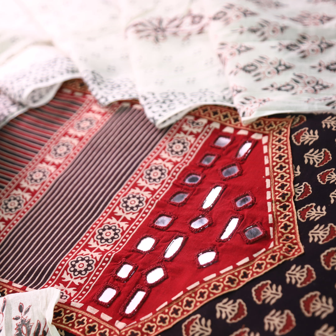 Madhvi Ebony Black Mirror Work Yoke Ajrakh Cotton Set