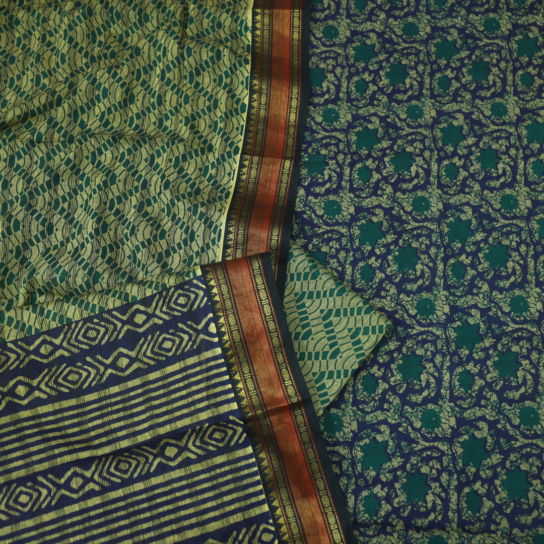 जीनत Deep Blue Floral Printed Mangalgiri Hem Work Cotton Suit Set