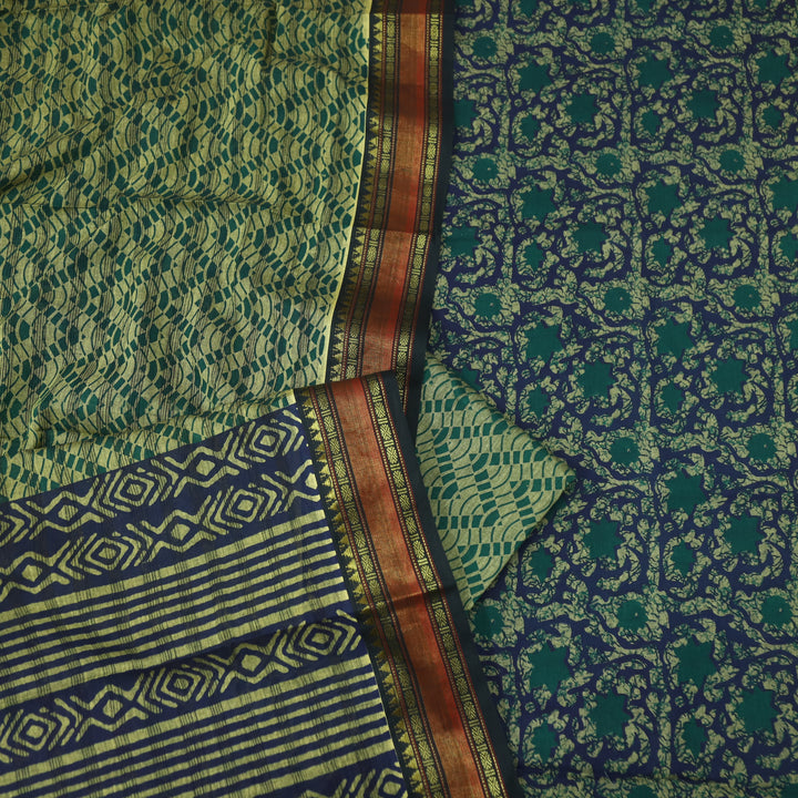 जीनत Deep Blue Floral Printed Mangalgiri Hem Work Cotton Suit Set
