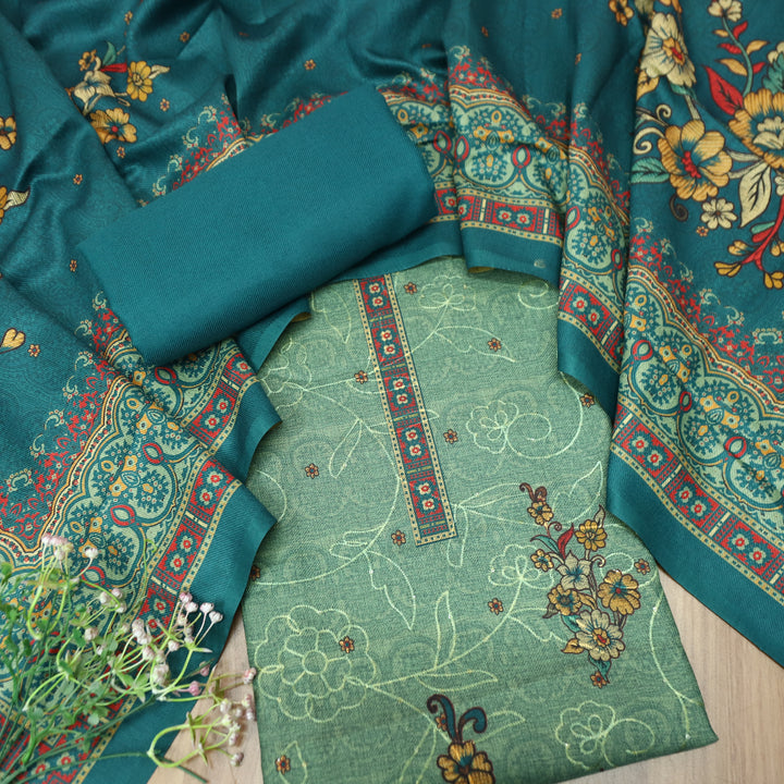 गुलकंद Aqua Ocean Floral Print Hemline with Thread Weaved Semi Pashmina Winter Set