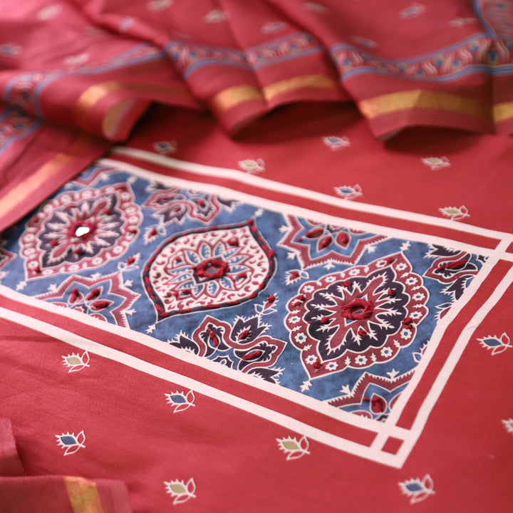 Riyanshi Cherry Red Ajrak Printed Neck and Hem Jam Cotton Set