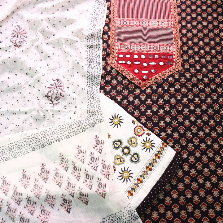 Madhvi Ebony Black Mirror Work Yoke Ajrakh Cotton Set