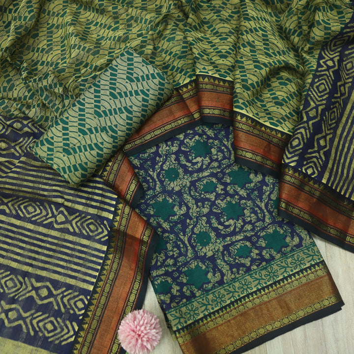 जीनत Deep Blue Floral Printed Mangalgiri Hem Work Cotton Suit Set