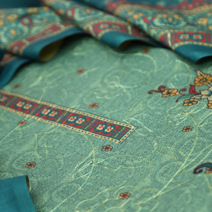 गुलकंद Aqua Ocean Floral Print Hemline with Thread Weaved Semi Pashmina Winter Set