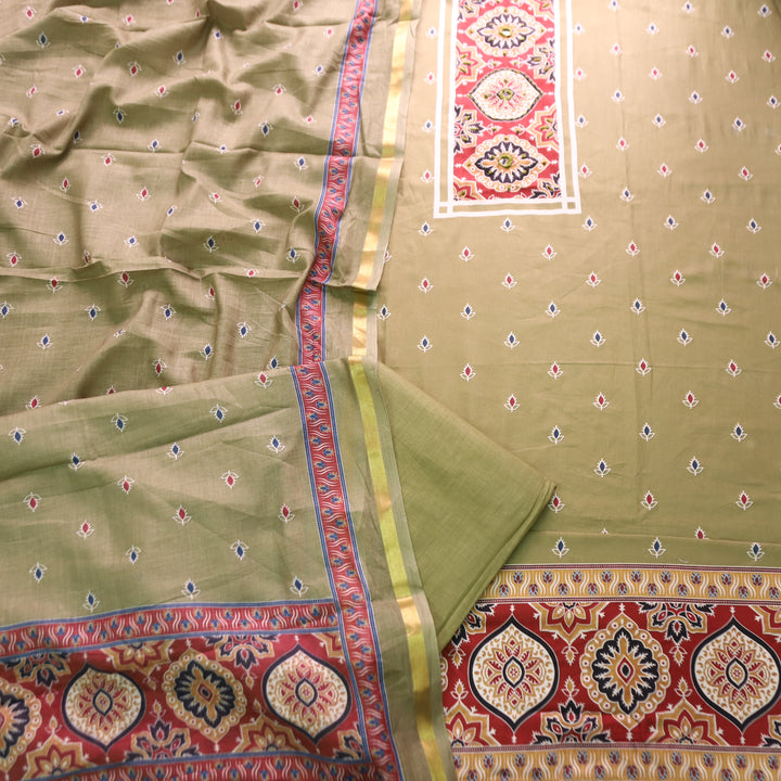 Riyanshi Fern Green Ajrak Printed Neck and Hem Jam Cotton Set