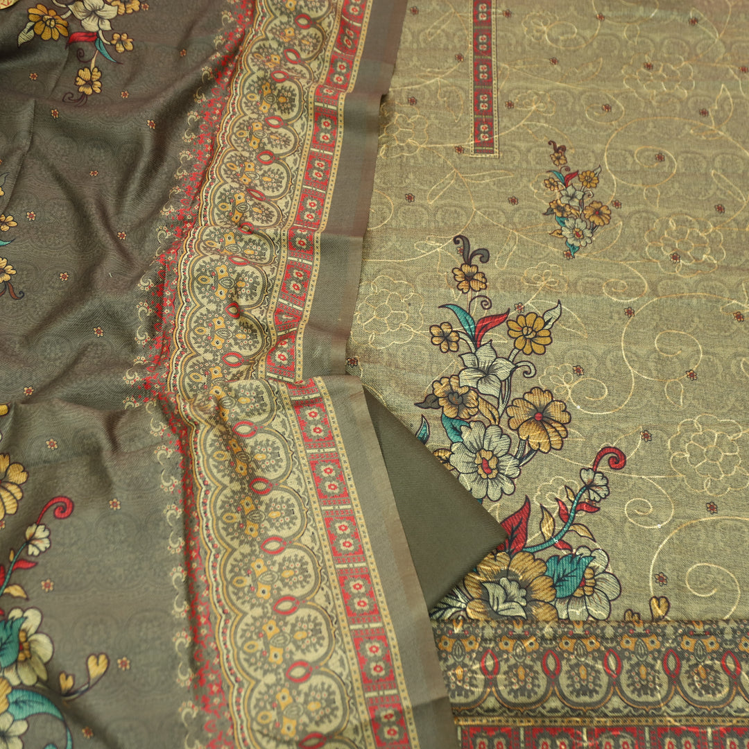 गुलकंद Olive Tan Floral Print Hemline with Thread Weaved Semi Pashmina Winter Set