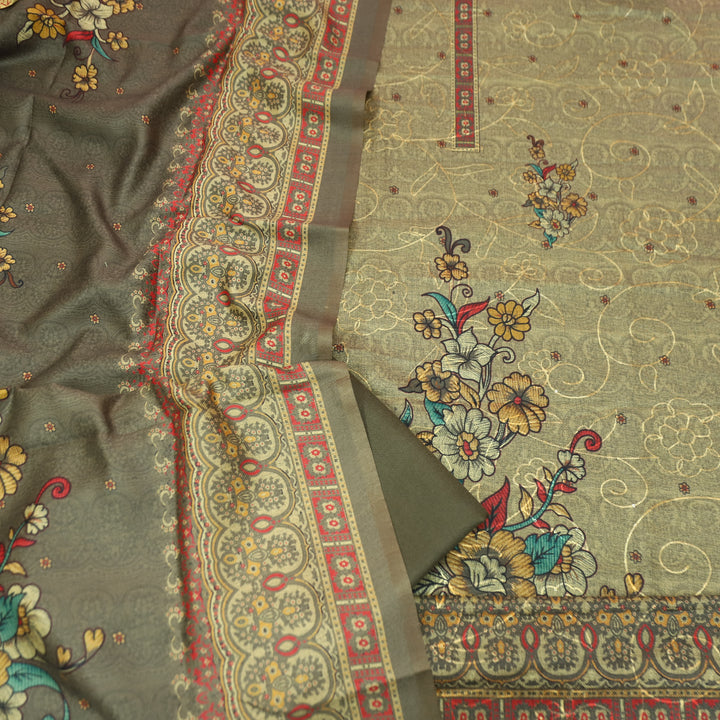 गुलकंद Olive Tan Floral Print Hemline with Thread Weaved Semi Pashmina Winter Set