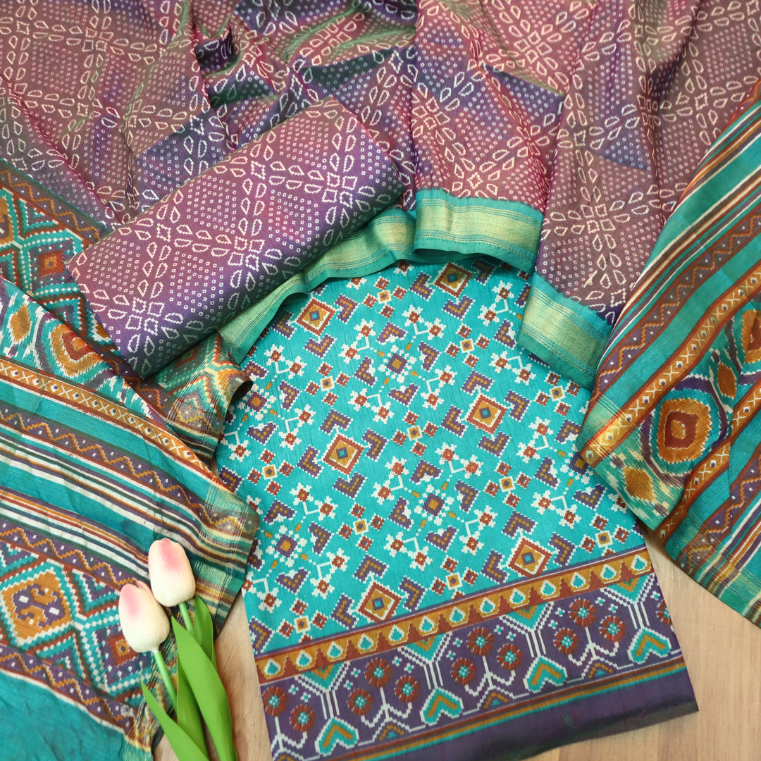 Bahana Aqua Teal All Over Patola Shadow Printed Work Muslin Set