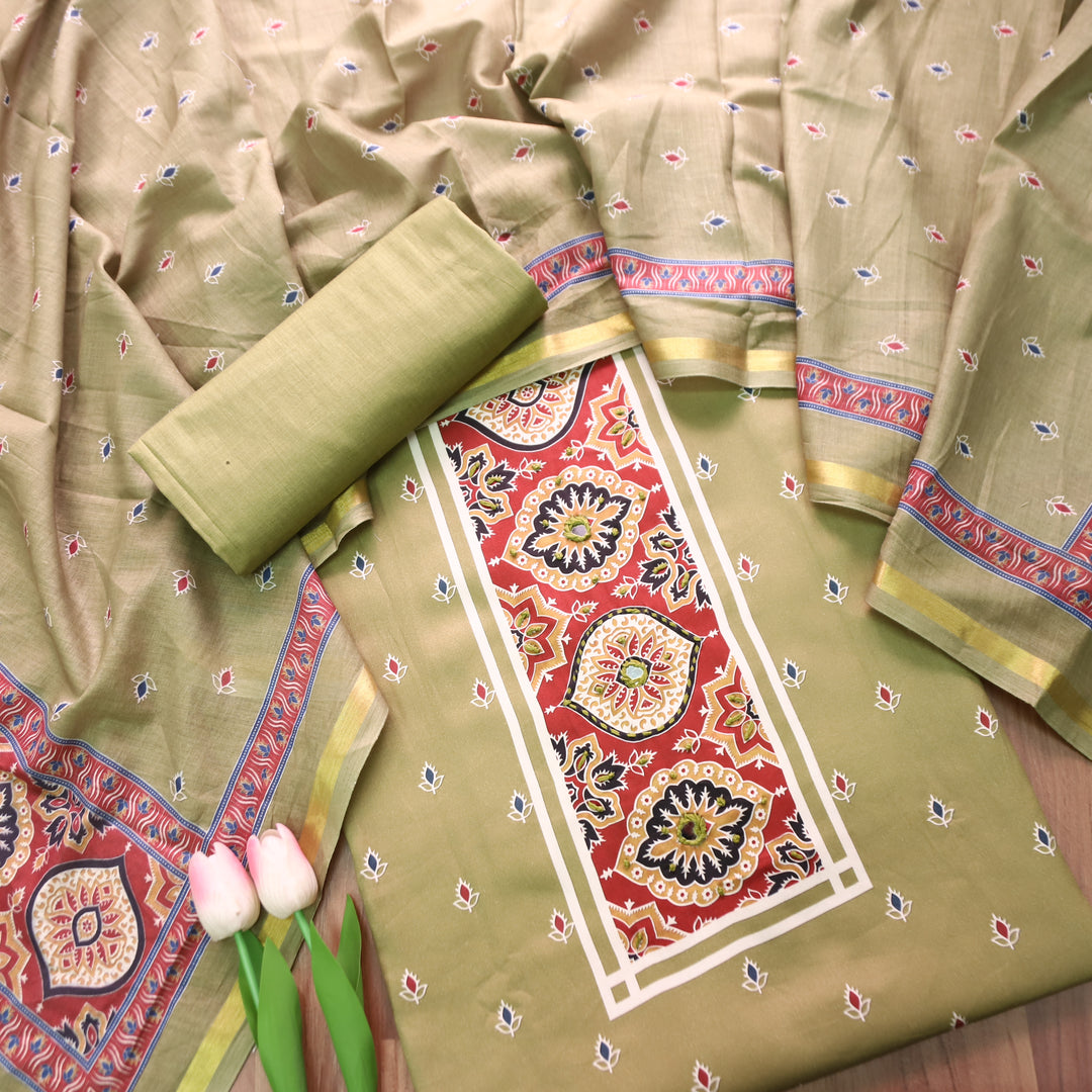 Riyanshi Fern Green Ajrak Printed Neck and Hem Jam Cotton Set