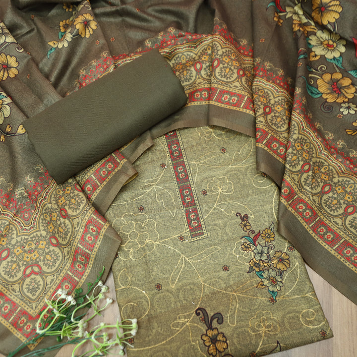 गुलकंद Olive Tan Floral Print Hemline with Thread Weaved Semi Pashmina Winter Set