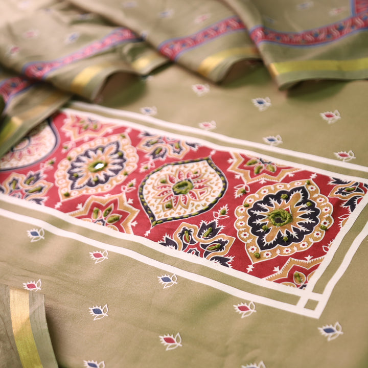 Riyanshi Fern Green Ajrak Printed Neck and Hem Jam Cotton Set