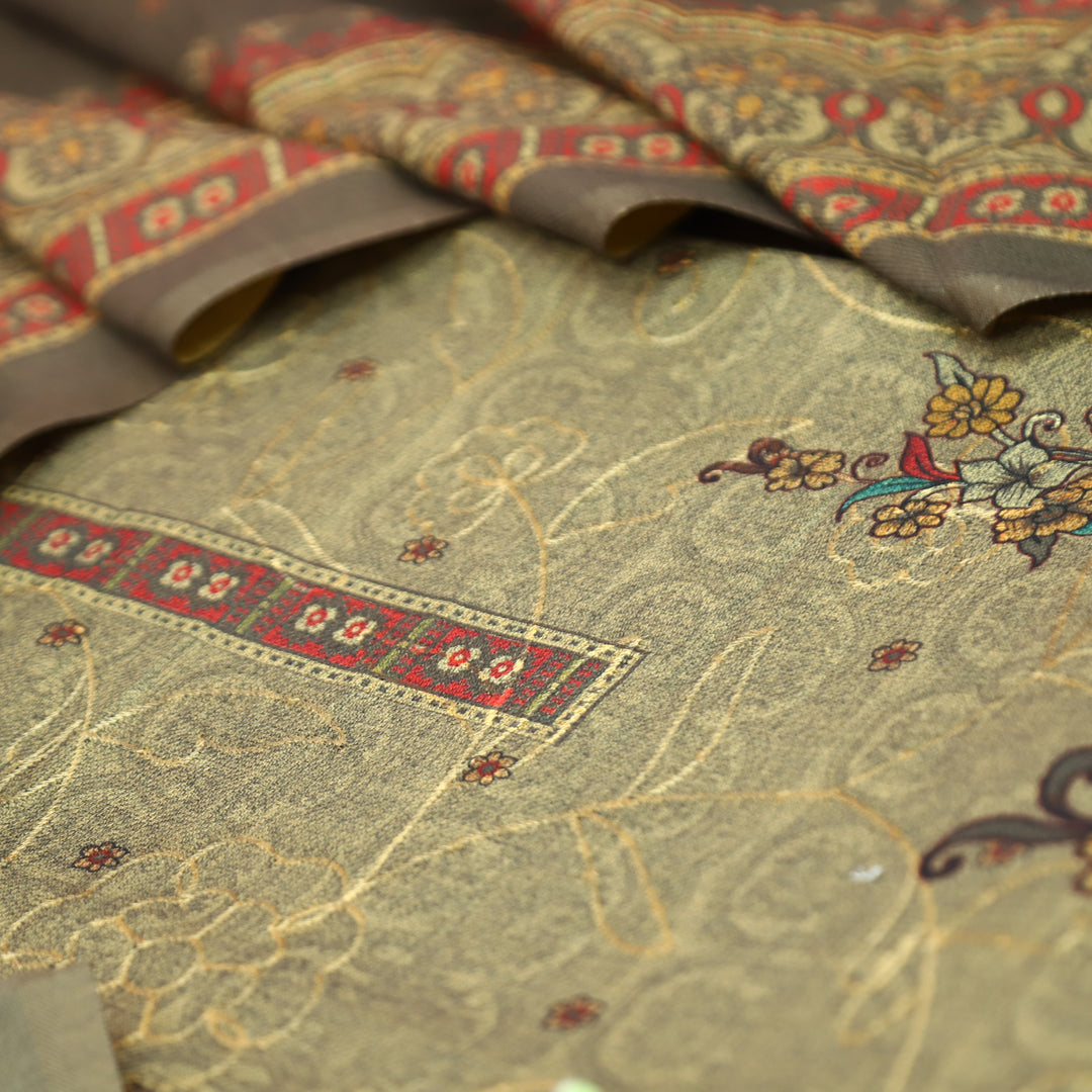 गुलकंद Olive Tan Floral Print Hemline with Thread Weaved Semi Pashmina Winter Set