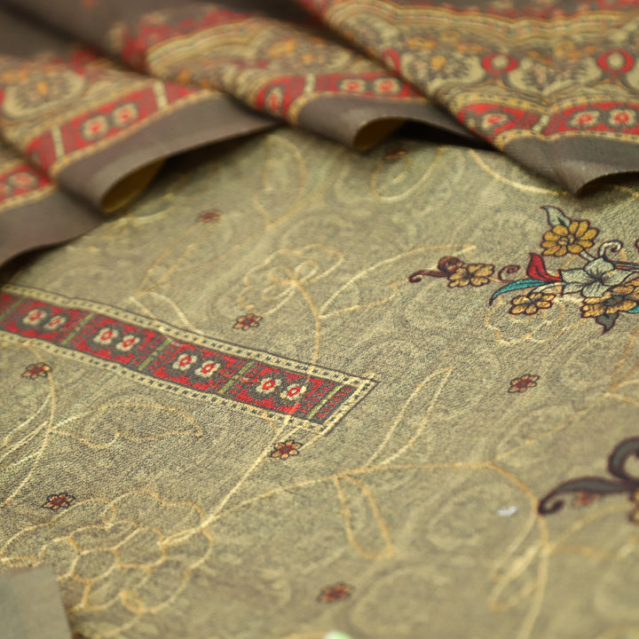 गुलकंद Olive Tan Floral Print Hemline with Thread Weaved Semi Pashmina Winter Set