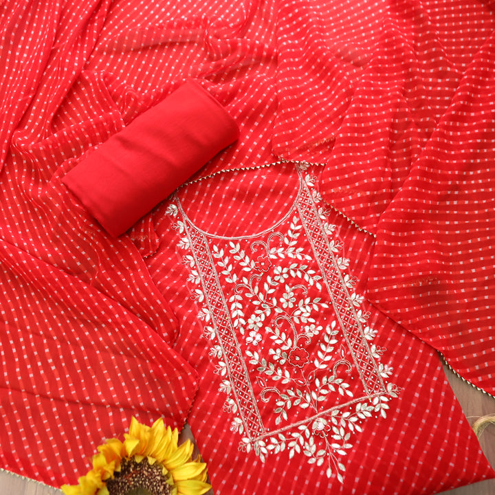 Mourya Rani Red Embellished Work Leheriya Georgette Set