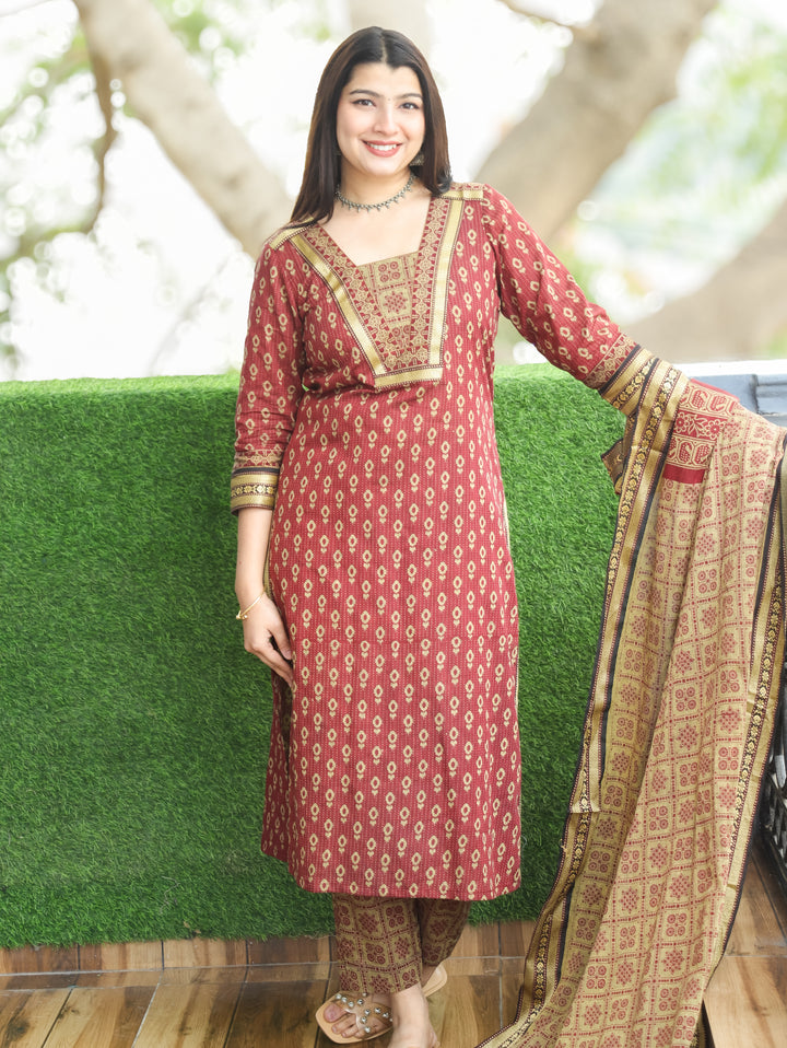 Nancy Barn Red V Neck with Mangalgiri Patch Kantha Printed South Cotton 3 Piece Set