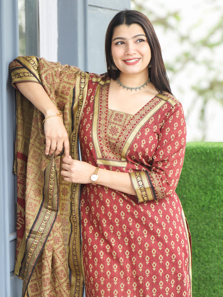 Nancy Barn Red V Neck with Mangalgiri Patch Kantha Printed South Cotton 3 Piece Set