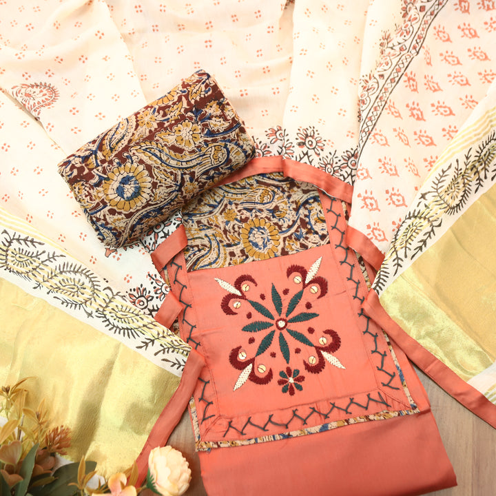 Palak Peach Thread with Mirror Work Kalamkari Print Yoke Glazed Cotton Set