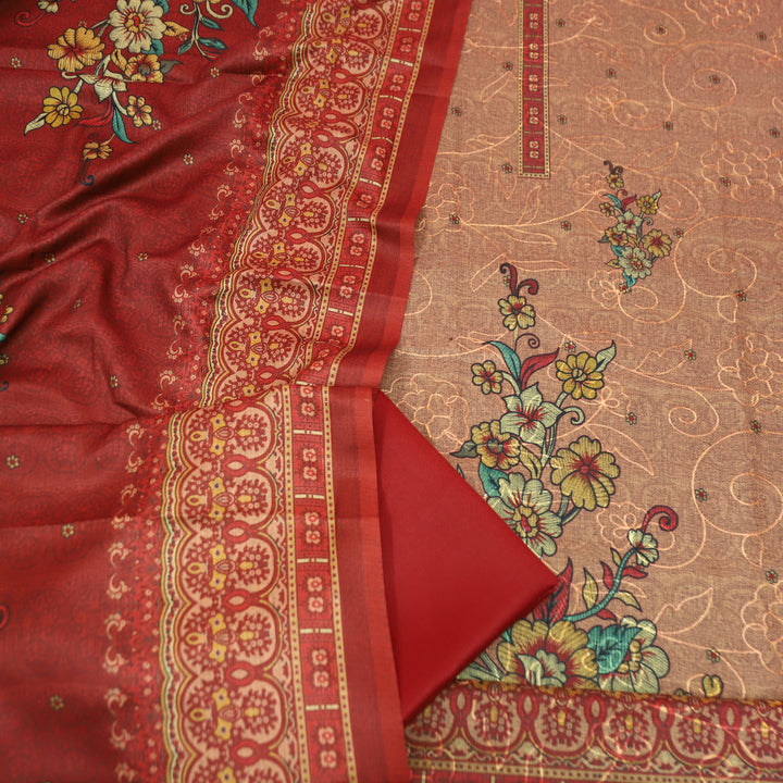 गुलकंद Kumkum Red Floral Print Hemline with Thread Weaved Semi Pashmina Winter Set