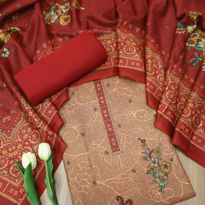 गुलकंद Kumkum Red Floral Print Hemline with Thread Weaved Semi Pashmina Winter Set