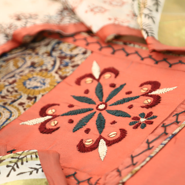 Palak Peach Thread with Mirror Work Kalamkari Print Yoke Glazed Cotton Set