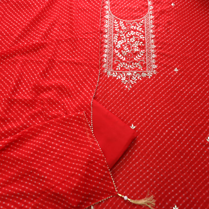 Mourya Rani Red Embellished Work Leheriya Georgette Set