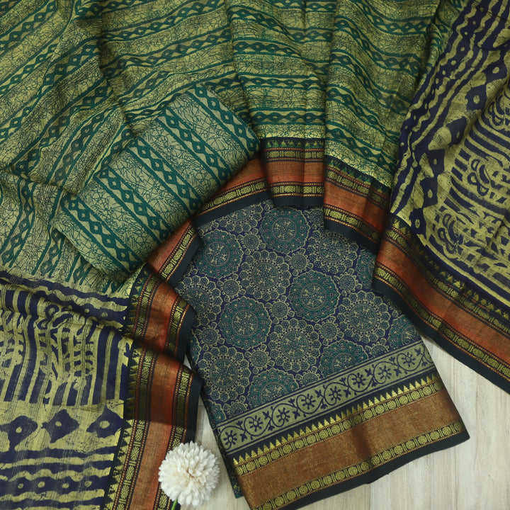 हीरल Dark Blue Ajrak Printed Mangalgiri Hem Work Cotton Suit Set