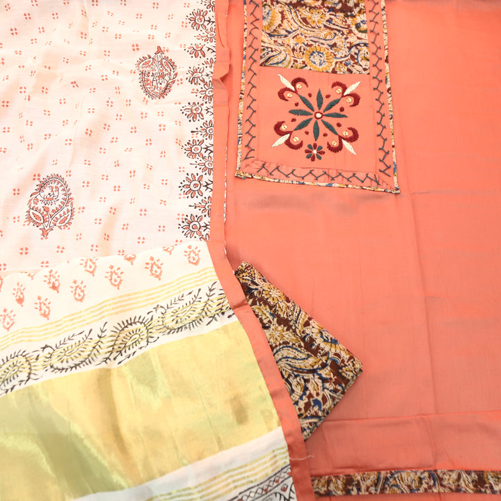 Palak Peach Thread with Mirror Work Kalamkari Print Yoke Glazed Cotton Set