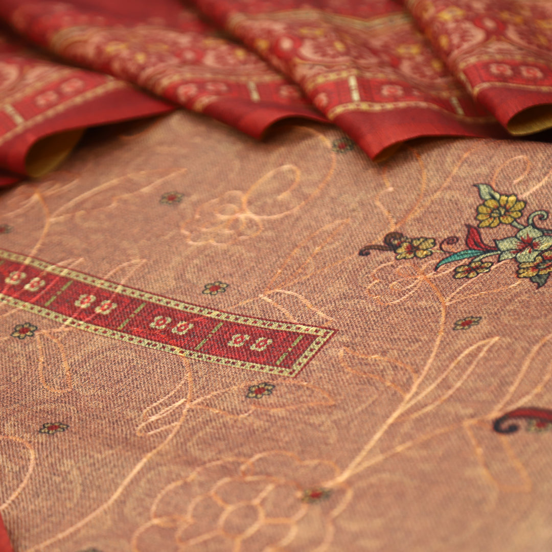 गुलकंद Kumkum Red Floral Print Hemline with Thread Weaved Semi Pashmina Winter Set