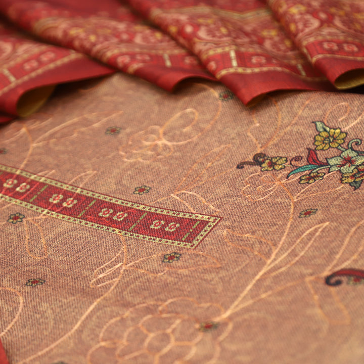 गुलकंद Kumkum Red Floral Print Hemline with Thread Weaved Semi Pashmina Winter Set