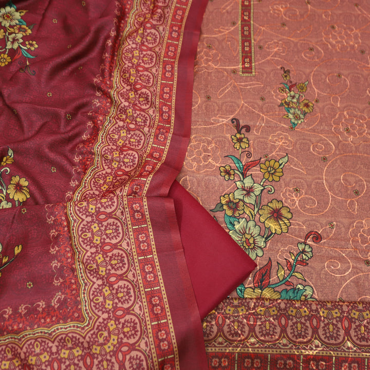 गुलकंद Cranberry PInk Floral Print Hemline with Thread Weaved Semi Pashmina Winter Set