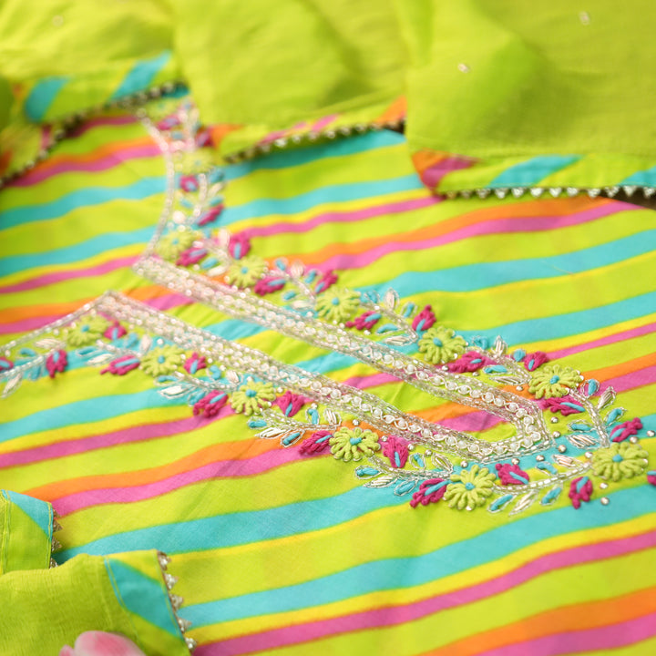 Phoolvari Leaf Green Embellished Neckline Leheriya Cotton Set