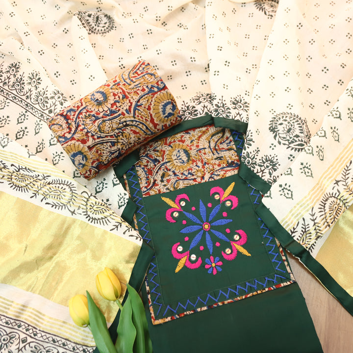 Palak Green Thread with Mirror Work Kalamkari Print Yoke Glazed Cotton Set