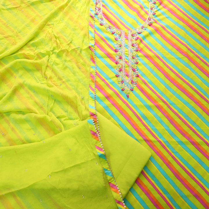 Phoolvari Leaf Green Embellished Neckline Leheriya Cotton Set